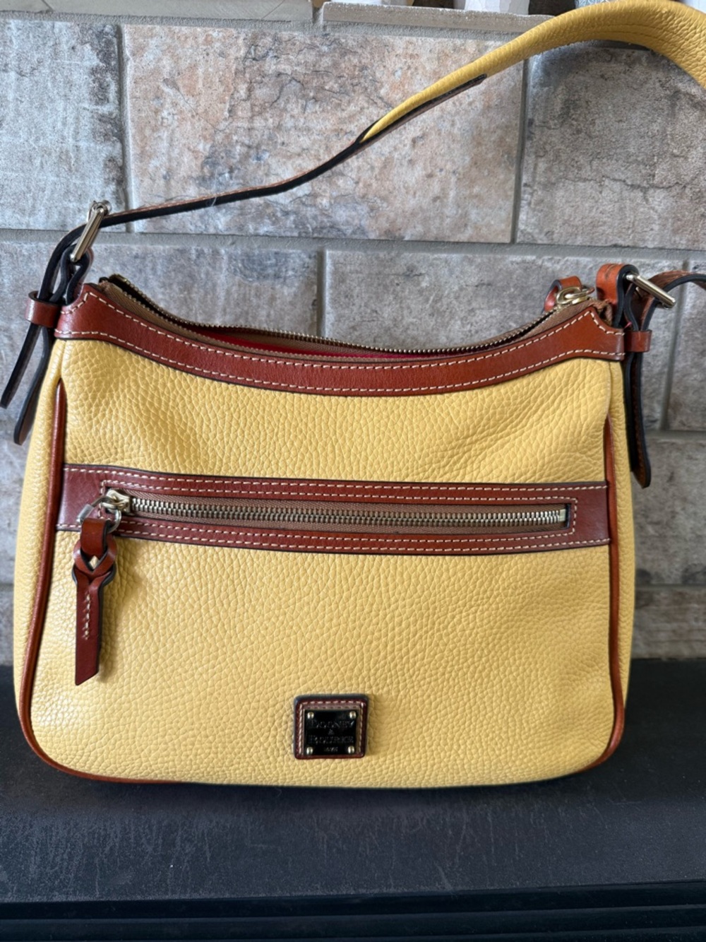 Dooney & Bourke Yellow Pebbled Leather Shoulder Bag with Brown Trim
